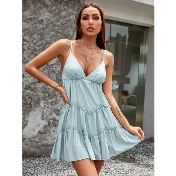 Light Blue Summer Dress Mini Flowy - Picture 5 of 8